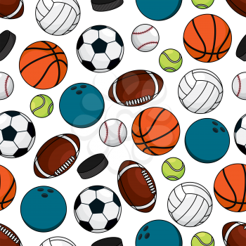 Team games sporting seamless pattern of ice hockey pucks with balls for soccer and american football, basketball and baseball, volleyball, tennis and bowling over white background. Great for sports co