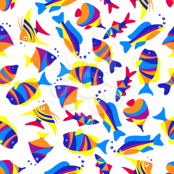 Bright seamless tropical sea life pattern of swimming exotic fishes with colorful striped bodies, tails and fins over white background. Great for underwater life and nature themes design
