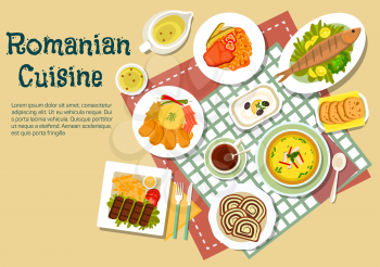 Popular festive dishes of romanian cuisine flat icon with grilled ground meat and fish, stuffed cabbage rolls with bacon, chili peppers and mamaliga, tripe soup and bean stew with beef, eggplant salad