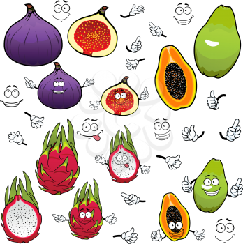Cartoon flavorful green papaya, juicy pink dragon fruit and sweet purple fig fruits with funny comics faces. Exotic tropical fruits characters for kids menu or vegetarian dessert recipe design