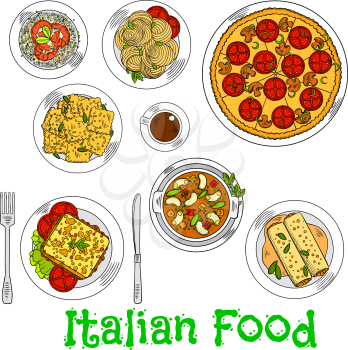 Italian vegetarian pizza icon served with spaghetti, seafood risotto and agnolotti ravioli, hot sandwich with fresh vegetables, stuffed cannelloni pasta with bolognese sauce, butter beans and cup of c