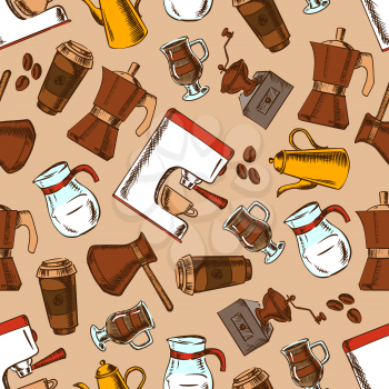Retro cartoon seamless espresso machines, vintage coffee pots and grinders, glass jugs of milk and cups of macchiato, takeaway paper cups of cappuccino and roasted coffee beans pattern on light brown 