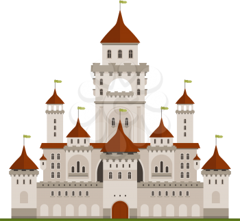 Royal family residence symbol of grey stone castle with guard walls and main palace with towers, arched terraces and conical turrets with green flags. Medieval architecture and traveling themes design