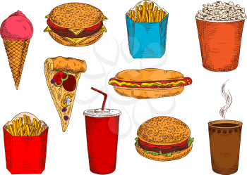 Blue and red boxes of take away french fries sketch icons with hamburger, cheeseburger and hot dog sandwiches, pizza topped with salami and vegetables, cups of coffee and soda, strawberry ice cream co
