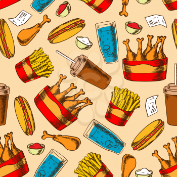 Retro cartoon seamless pattern with fast food buckets of fried chicken drumsticks and french fries, hot dogs with ketchup and garlic sauces, coffee cups and glasses of water with ice on beige backgrou