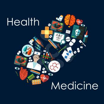 Medical and healthcare themed icons, arranged into silhouette of a pill, including doctor and medicine bottles, drugs and syringes, hearts and brain, thermometers and instruments, x ray and ultrasound