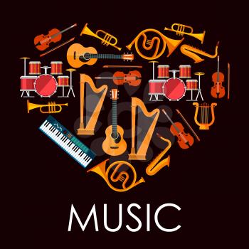 Love music heart icon made up of flat icons of musical instruments. Heart with acoustic guitars and drum kits, violins and saxophones, trumpets and horns, lyre, harps and synthesizer