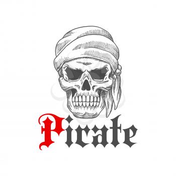 Dead pirate tattoo symbol with sketched evil human skull wearing bandana with scary empty eye sockets. Great for t-shirt print or piracy mascot design