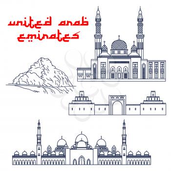 Architectural and nature tourist attractions of United Arab Emirates symbols with Grand Mosque in Dubai, Sheikh Zayed Palace Museum, Jumeirah Mosque and scenic Hafeet Mountain landscape. Thin line sty