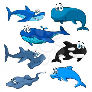 Funny smiling sea animals with cartoon characters of blue, bowhead and killer whales, reef and hammerhead sharks, happy dolphin and stingray. Underwater wildlife theme or zoo mascot design