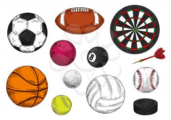 Sketched dartboard with darts arrow, ice hockey puck and sporting balls for soccer and american football, baseball and basketball, golf and volleyball, tennis and rugby, billiards and bowling games