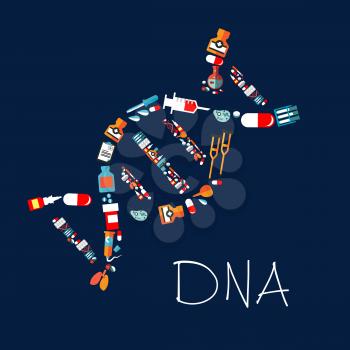 Decorative model of DNA helix icon with flat symbols of pills, capsules, syringes and medicine bottles, test tubes and laboratory flasks, lungs and cells, enemas and crutches. Healthcare and medicine 