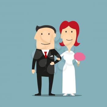 Happy smiling cartoon newly married couple are standing arm in arm. Lovely redhead bride in white wedding dress with flowers in hand and elegant groom in black tuxedo. Great for wedding ceremony, invi