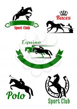 Equestrian sporting symbols with black and green silhouettes of running, jumping and rearing up horses with riders and two wheeled cart decorated by horseshoe, ribbon banners and crown