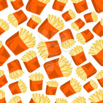 Tasty and crispy french fries pattern with seamless cartoon illustration of deep fried potato vegetable slices in takeaway orange paper cups on white background. Fast food theme or kitchen interior de