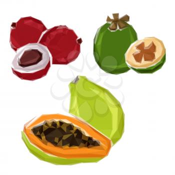 Abstract 3D polygonal tropical fragrant papaya, ripe green feijoa and red lychee fruits. Low poly stylized organic healthy fruits for juice pack or fruity desserts recipe design