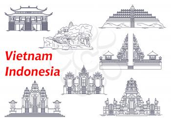 Ancient buddhist and hindu temples of Indonesia and Vietnam icons with Borobudur and Pura Pulaki Temples, Pura Besakih, Tanah Lot, Rambut Siwi and Petitenget Temples, Vinh Nghiem Pagoda. Thin line sty