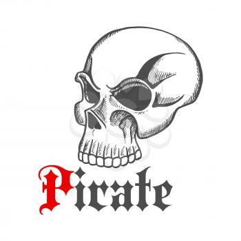Old human skull icon for piracy mascot or tattoo design with vintage sketched skeleton without lower jaw and gothic caption Pirate below