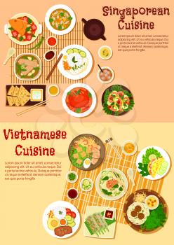 Asian cuisine icon with flat symbols of vietnamese spring rolls and singaporean chilli crab, seafood curries and meat soups, shrimp salad and nasi lemak rice, flatbread with tartar sauce and rice panc