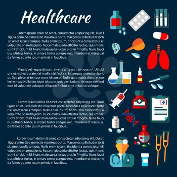 Health care poster or banner with text layout and flat icons of doctor and medicine bottles with pills and syringe, laboratory flasks and test tubes, DNA, lungs and cell models, enema and crutches