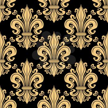 Gorgeous seamless golden fleur-de-lis pattern over black background with decorative floral heraldic motif, adorned by curlicues. Great for luxury wallpaper or upholstery textile design
