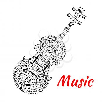 Musical notation symbols and marks arranged into a shape of violin with fingerboard and strings made up of notes, treble and bass clefs. Entertainment or musical events design usage