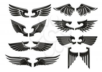 Spread wings design elements for medieval coats of arms, tattoo or jewelry with black silhouettes of paired heraldic wings