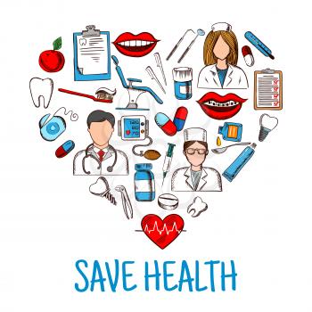 Colored sketches of dentist, nurse and physician with stethoscope and thermometer, medicines and syringes, healthy heart and teeth, dentist chair and tools, blood pressure monitor and medical check up