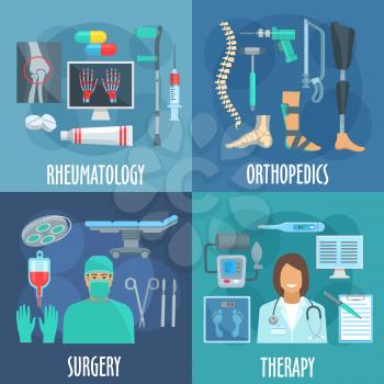 Surgery, therapy, orthopedic and rheumatology icons with flat symbols of doctors, operation table and surgery tools, checkup form and thermometer, x ray scan, medicines and crutch, prosthetic leg, ban