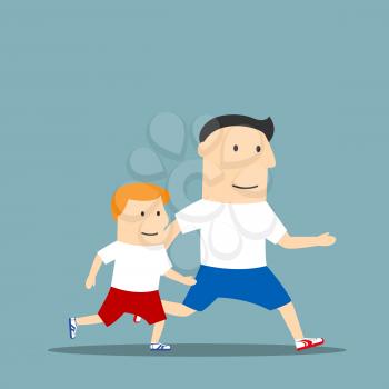 Healthy lifestyle, sporting family, outdoor sport theme design. Cartoon cheerful father and son in sporting uniform are jogging and spending time together