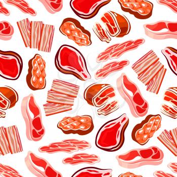 Smoked, grilled and baked meat dishes background with seamless pattern of beef steaks and pork tenderloin, thin stripes of bacon and prosciutto, ham and jamon. Use as food packaging design