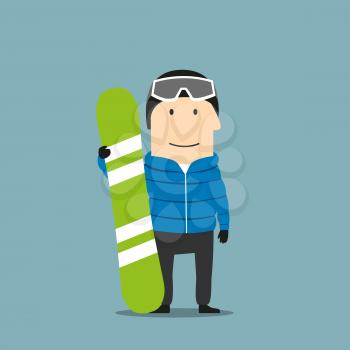 Cartoon smiling snowboarder character in winter ski sportswear, helmet and goggles standing with bright green snowboard in hand. Winter outdoor activity, extreme sports and healthy lifestyle themes de