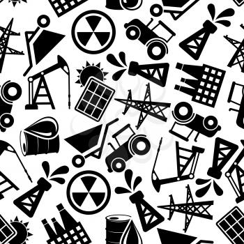 Black and white seamless energy industry and power resources pattern background with silhouettes of solar panels and nuclear plants, pump jacks, oil barrels and pump derricks, power line poles, wheelb