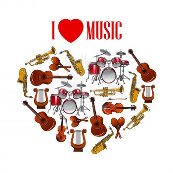 Classic musical instruments shaped in a heart symbol for I Love Music concept design with cartoon icons of trumpets and saxophones, drums, acoustic guitars and violins, maracas and vintage greek lyres
