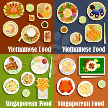 Vietnamese and singaporean national cuisine. Salad and grilled meat, healthy rice and tasty noodle meals with sauce and spicy ingredients. Asian chicken and roti prata, sesame seeds and chilli crab