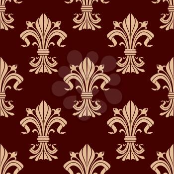 Flourish seamless pattern of beige fleur-de-lis ornamental elements in brown and maroon colors. Textile, interior or royal heraldic themes design