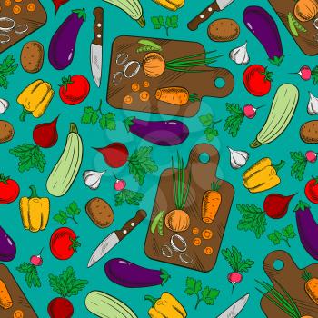 Vegetable salad preparation or production seamless pattern with potato and pepper, radish and tomato, carrot and onion, squash and peas, eggplant, knife and cutting board isolated on cyan or blue.