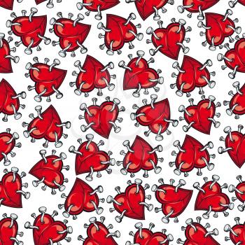Pinned or nailed cartoon red heart seamless pattern isolated on white. Concept of relationships break or divorce, broken love or passion, heartbreak or heartache, emotion discomfort and sadness or sor