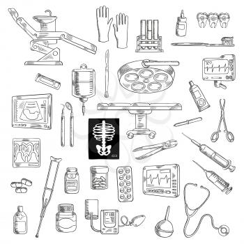 Sketch of medicine or healthcare icons for hospital or clinic equipment. Syringe and stethoscope, medical scissors and pliers, pipette or dropper and ointment, radiograph and cardiogram, sphygmomanome