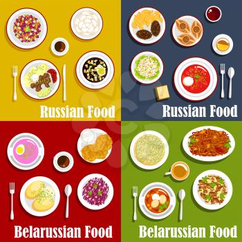 Russian and belarusian traditional national cuisine. Draniki and baked potato with onion, vereshchaka or machanka and kholodnik, okroshka and casserole, salad with red cabbage and babka, borscht and o
