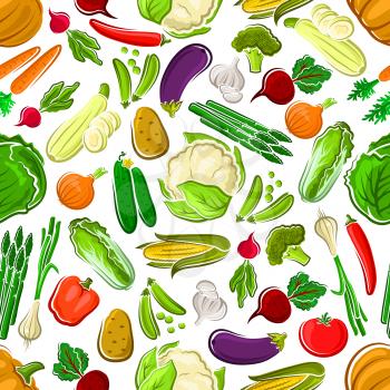 Healthy and raw farm vegetables seamless pattern. Potato and succulent carrot, tasty tomato and bitter radish, orange pumpkin and red bell pepper, pea pod and luscious cucumber, garlic and corn cob, c