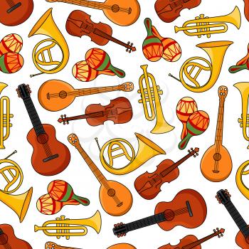 Sound equipment or music instruments seamless pattern with banjo and trumpet, saxophone and guitar, maracas or rumba shakers isolated on white