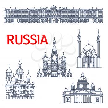 Thin line landmarks for tourism or travel in Russia. Sketch of Winter Palace and Saint Isaac s orthodox Cathedral or Isaakievskiy Sobor in Saint Petersburg, Church of the Savior on Spilled Blood and S