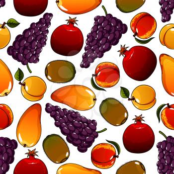 Vegetarian fruits seamless pattern isolated on white with mature pear and ripe garnet or pomegranate, juicy apricot and tasty kiwi, bunch or cluster of grape. Ingredients for vegetarian salad or meal.