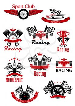Motorsport symbols framed by ribbon banners and stars for sports theme design usage with racing cars, motorcycle and race flags, trophy, wheels and speedometer, pistons, spark plug, winged tire and st