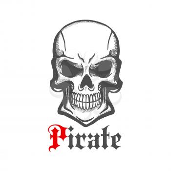 Aggressive smiling jolly roger character of sketched human skull with crazy cheesy grin. Use as piracy theme, t-shirt print or tattoo design