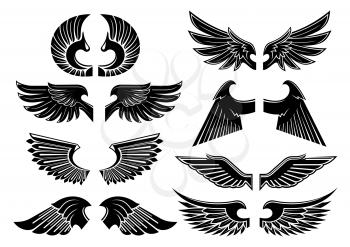 Heraldic angel wings icons with isolated black wings of fallen angels with spiky and curved feathers. Heraldry, tattoo or jewelery design