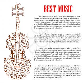 Musical design template with silhouette of violin made up of brown musical note, treble and bass clef and various symbols of musical notation with text layout and header Best Music. Arts design