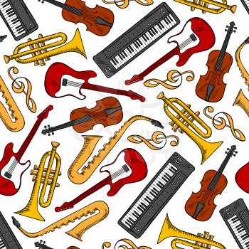 Musical instruments seamless pattern with acoustic and electric guitar, saxophone, synthesizer, violin and trumpet over white background with golden treble clef