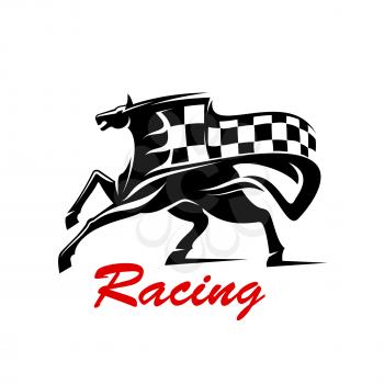 Racing icon for motorsport badge or tattoo design usage with galloping horse with flying black and white racing flag above